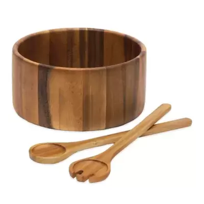 Lipper International Acacia Wood 3-Piece Straight-Sided Salad Bowl and Server Set
