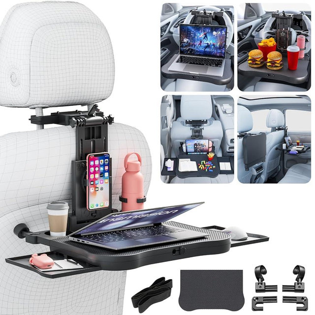 Large Car Desk for Laptop | Steering Wheel Tray Table | Foldable Back Headrest Seat Eating Food Trays with Drinks Cupholder Phone Tablet Holder for Kids | Car Travel Essentials for Long Trips