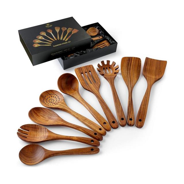 9-Piece Natural Teak Wooden Utensils for Cooking