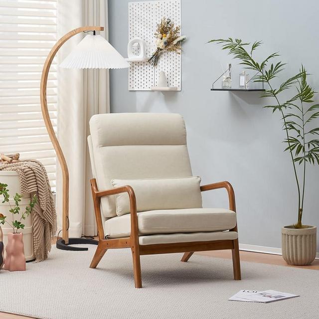 Karl home Accent Chair Mid-Century Modern Chair with Pillow Upholstered Lounge Arm Chair with Solid Wood Frame & Soft Cushion for Living Room, Bedroom, Balcony, Linen Beige (High Back)