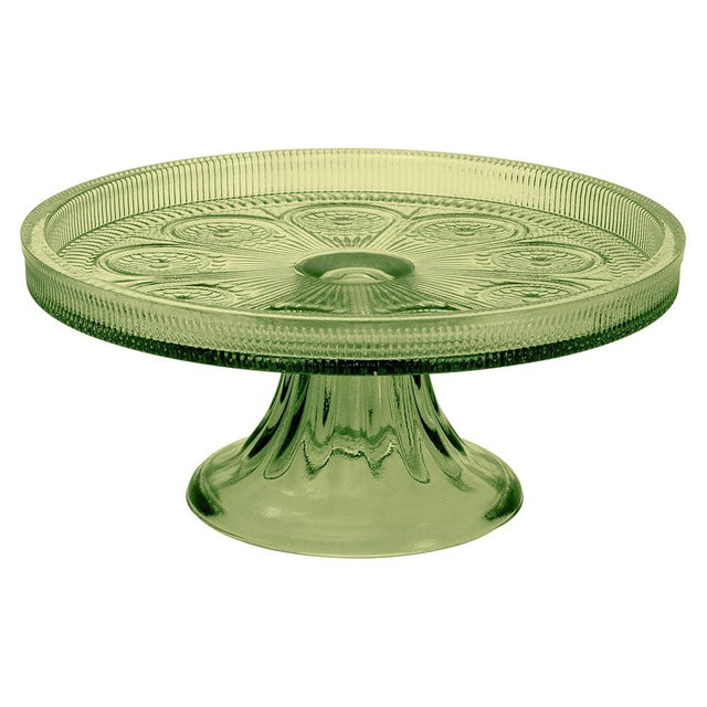 Boston International Vintage-Inspired Glass Cake Stand Round Pedestal for Desserts Cupcakes & Pie, 8.25" x 3.5", Olive Green Codi