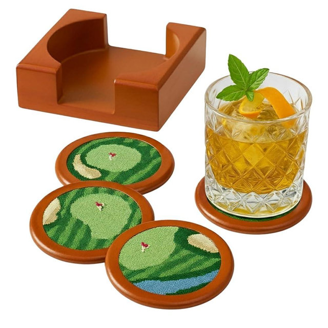 Khen Golf Hand-Stitched Needlepoint Coasters - Set of 4 - Wooden Holder Solid Wood with Needlepoint Inlay with French Cotton Thread 4" Durable Decorative Gift, Drink Mats Unique Golfers Barware Gifts