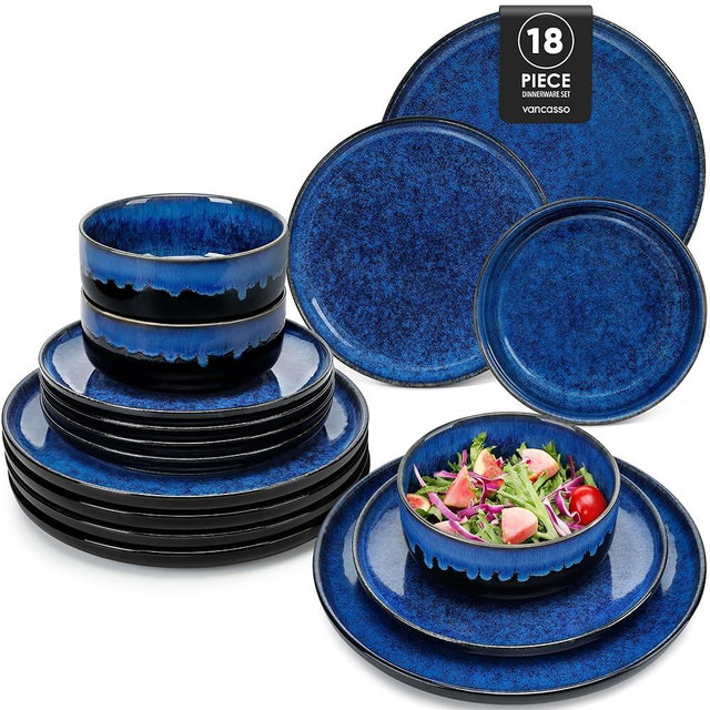 vancasso Starry 18 Pieces Dinnerware Sets for 6, Blue Reactive Glaze Dishes Sets, Ceramic Plates and Bowls Set, Dinner Salad Dessert Plates, and Cereal Bowls Set, Dishwasher and Microwave Safe