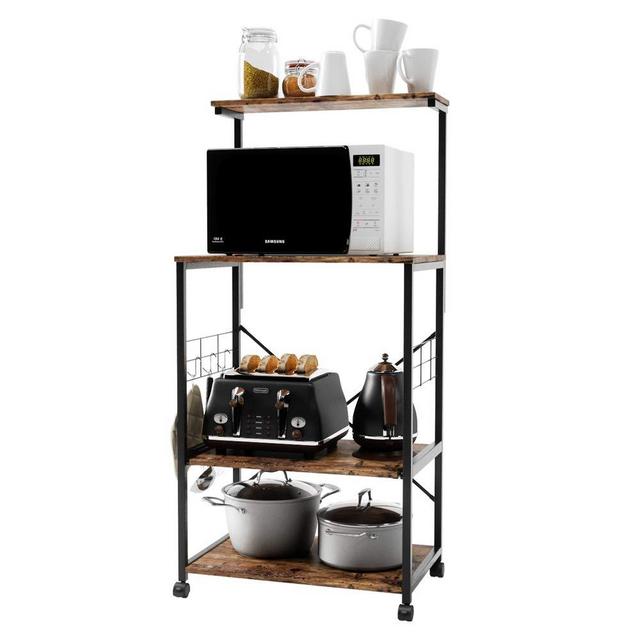 Bestier Kitchen Baker's Rack Utility Storage Shelf Microwave Stand Cart on Wheels with Side Hooks, Kitchen Organizer Rack 4 Tier Shelves Adjustable Feet P2 Wood (Rustic Brown)