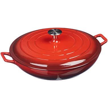 AmazonBasics Enameled Cast Iron Covered Casserole Skillet, 3.3-Quart, Red