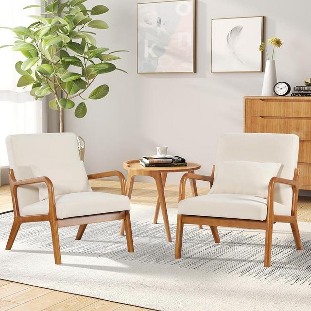 QQU Velvet Accent Chairs Set of 2 with Waist Cushions, Mid-Century Modern Living Room Chairs, Sturdy Wood Frame Armchairs, Upholstered Accent Chairs Set for Living Room, Bedroom, Apartments, Beige