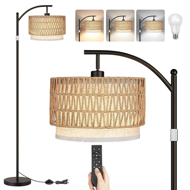 Rattan Floor Lamps for Living Room, Boho Standing Lamps with Rattan& Linen Double Shades, Arc Lamps Floor Standing with 9W Bulb, Foot Switch, Bohemian Floor Lamps for Bedroom, Office-Drum