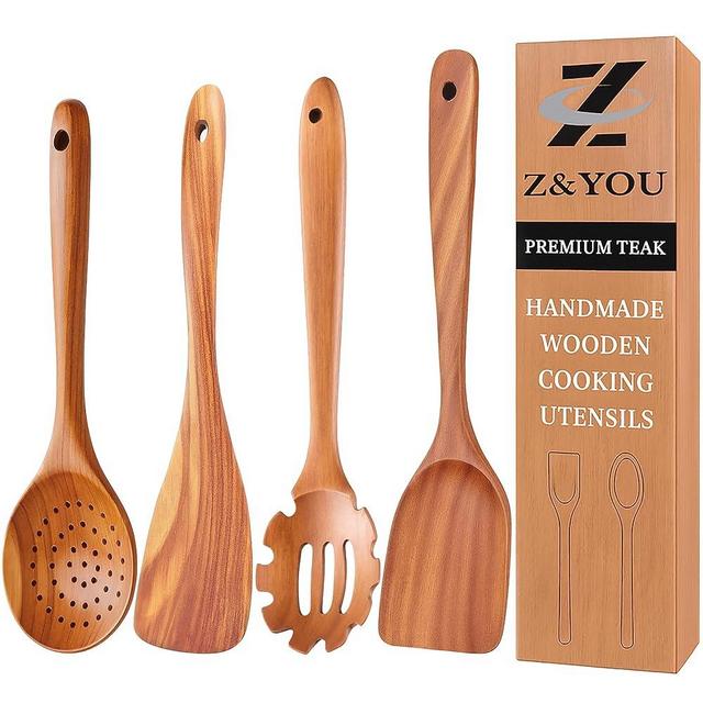 Extra-Large 4-Piece Teak Wooden Utensil Set – Non-Stick Wooden Spatula for Cooking, Skimmer Spoon, & Pasta Spoon – Premium Non Toxic Cooking Utensils