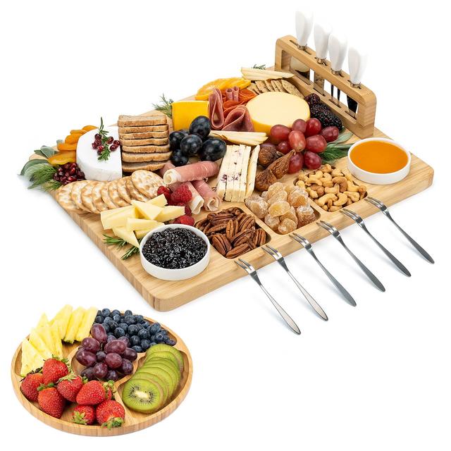 SMIRLY Cheese Board and Knife Set - Charcuterie Board Set, Cheese Platter Board, Bamboo Cheese Board with Cutlery Set, Cheese Tray, Wooden Cheese Board Set, Cheese Cutting Board Set, Cheese Plate Set