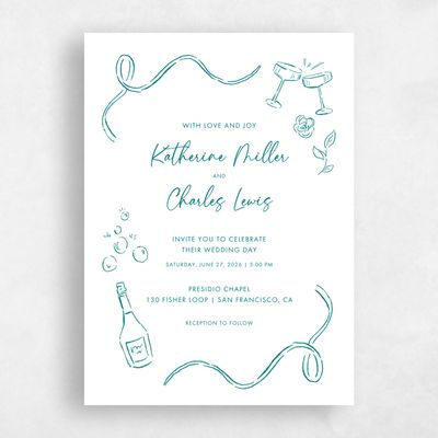 Teal, Blue Wedding Invitation - Hamilton Portrait