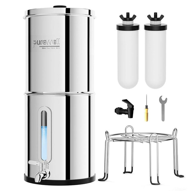 Purewell 2.25G Gravity Water Filter System with Water Level Window, 3-Stage Stainless Steel Countertop System with 2 Washable Ceramic Filters and Stand, Reduce up to 99% Chlorine, PW-KST