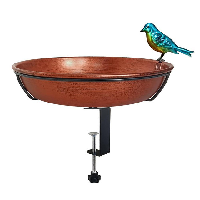 Keygift Deck Bird Bath for Outdoors, 11" Copper Metal Birdbath Bowl with Adjustable Big Steel Clamp Backyard Bird Bath&Bird Feeder for Railing Balcony Fence Yard Art Garden Decor