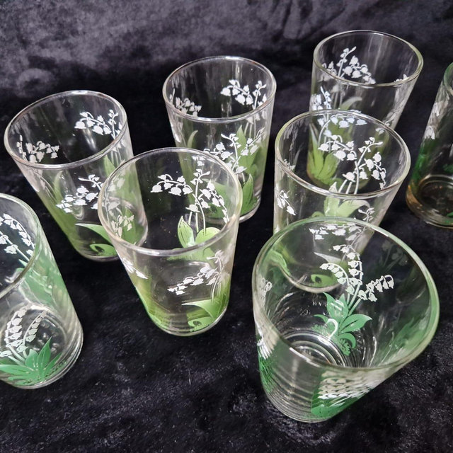 set of 8 small vintage glasses, hand-painted Lily of the Valley decoration, France