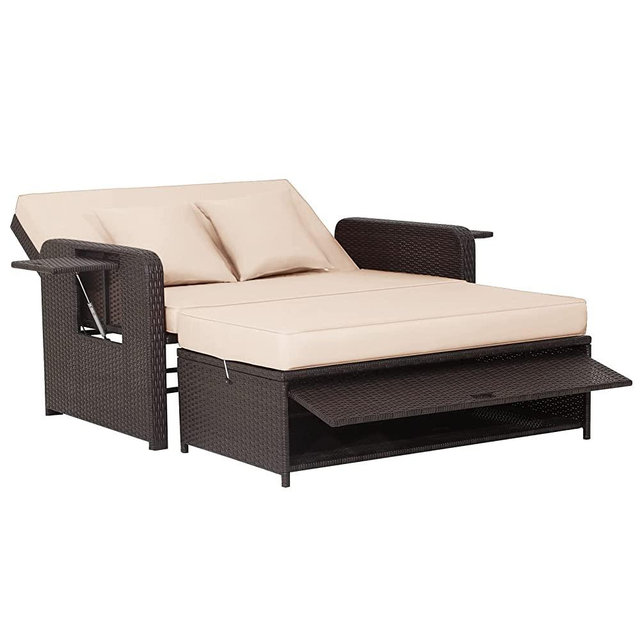 Tangkula Patio Rattan Daybed, Patiojoy Wicker Loveseat Sofa w/Multipurpose Ottoman & Retractable Side Tray, 4-Level Adjustable Backrest, Footstool w/Storage, Seat & Back Cushion Included (Beige)