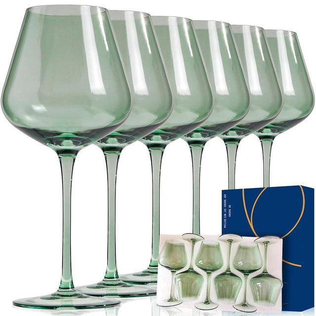CLUSIVC Green Wine Glasses Set of 6 - Crystal Hand Blown Burgundy Wine Glasses 18oz Lead-Free, Perfect Gifts for Wine Lover, Bar glasses sets for the home, Wedding, Party