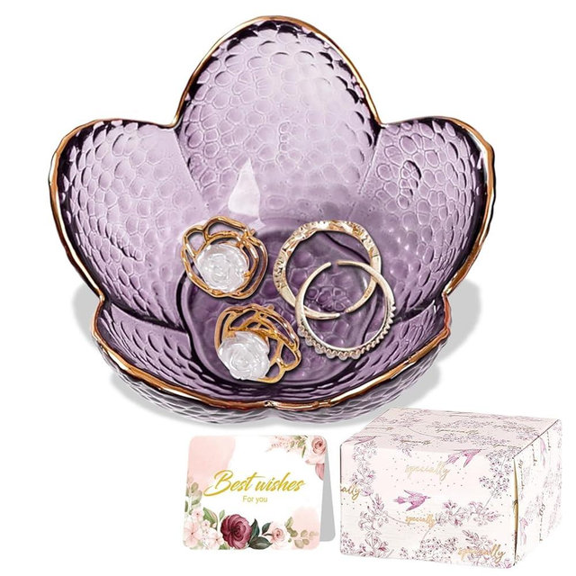 Purple Flower Jewelry Dish Glass Ring Holder Dish Jewelry Tray Cute Vanity Organizer Aesthetic Nightstand Bathroom Room Decor Trinket Dish Mothers Day Friendship Christmas Birthday Gifts for Women