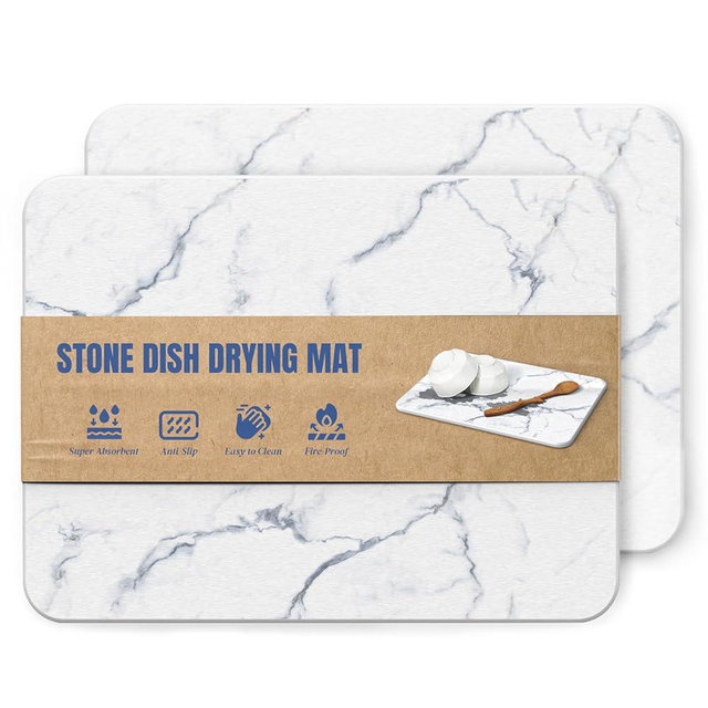 Plentio 2 Pack Quick Dry Stone Drying Mat for Kitchen Counter, Water-Absorbent Diatomaceous Dish Drying Mats, Multi-Purpose Stone Drying Tray for Cups Dishes Bottles, White-Marble