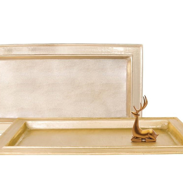 Decorative Gold Trays by Objet D’Art, Juliet Beaufort Rectangular Bar Tray for Living Room, Ottoman and Coffee Table, Trays for Candles, Liquor, and Centerpieces, 25 x 13”, Set of 2