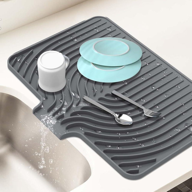 JACZZO Silicone Dish Drying Mat for Kitchen Counter with Built-in Drain, Easy Clean Pad for Countertop Protection, Fast Self-Draining Slope, Non-Slip, Multiple Use 17.7 x 11.8 Inch(Grey)