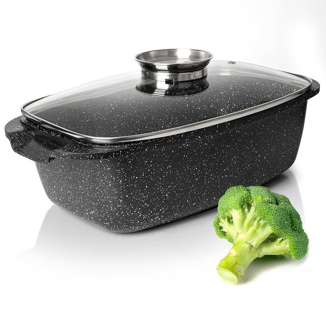 Moss & Stone Die Cast Aluminum Oval Roaster Pot 12-Inch, Induction Compatible, Gas Stove Top & Ceramic Cooktop, Hard Anodized Nonstick Roasting Pan With Lid, Chicken Roaster Oven Safe 6 Quart 8.3"x12"