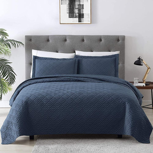 EXQ Home Quilt Set King Size Navy 3 Piece,Lightweight Microfiber Coverlet Modern Style Squares Pattern Bedspread Set