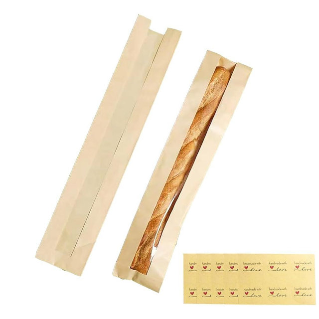 Bewinnd 40 Pack Baguette Bags,Kraft Paper Long French Bread Bags for Homemade Bread with Clear Front Window(23.5 x 4.3 x 1.6 Inch),Label Seal Sticker Included