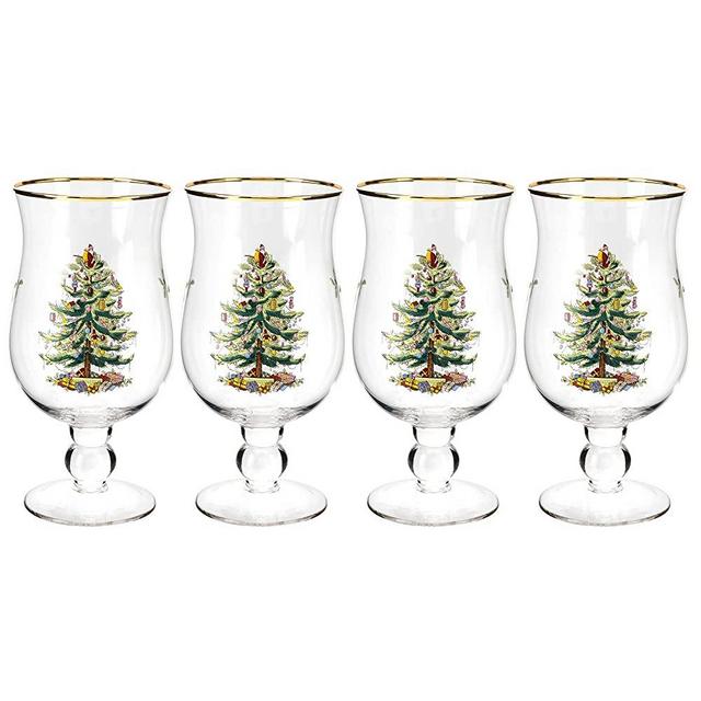 Spode- Christmas Tree Tulip Stemmed Glasses, Set of 4, 17.5 Ounces- Made of Glass – Gold Rim- Classic Drinkware for Beers, IPAs, Craft Brews, and Ales