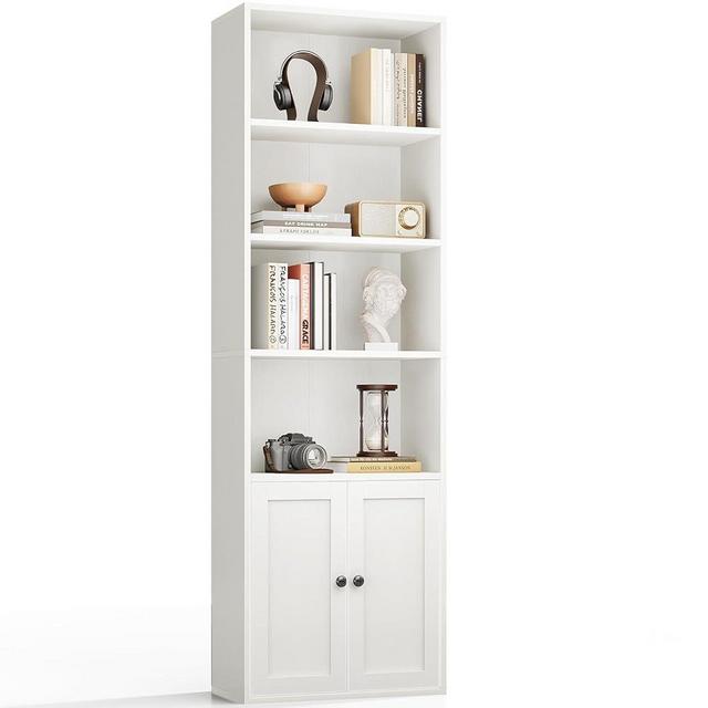 Casaottima Bookshelf and Bookcase with Doors, Floor Standing 6-Tier Shelf Display Storage Shelves, Tall Bookcases for Home Office, Living Room, White