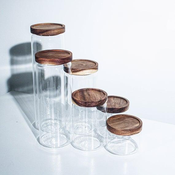 FLAT-TOP Stackable Glass Canister Glass Container Glass Jar With Wood Lids. Food Storage/Canister/Kitchen Organization.