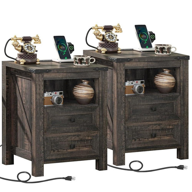 Joaxswe Nightstands Set of 2 with Charging Station, Farmhouse Night Stand with 2 Drawers and Shelf Storage, Wooden Side End Table, Bedside Cabinet for Bedroom, Living Room, Closet,Office (Dark Drey)
