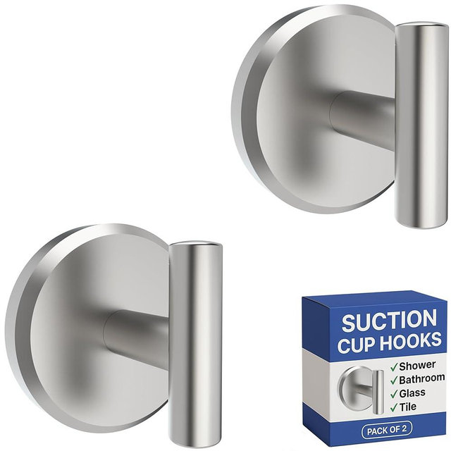 HOME SO Suction Cup Hooks for Shower & Bathroom Towel Holder 2-Pack – Suction Cups Hooks for Hanging Towels, Robes, & Coats - Tiles, Glass Door or Mirror – Shower Hooks & Towel Hooks - Nickel T-Shape