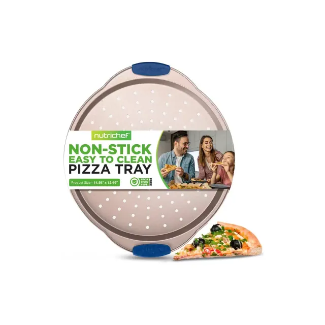 NutriChef Non-Stick Pizza Pan - Deluxe Nonstick Gold Coating Inside & Outside With Blue Silicone Handles