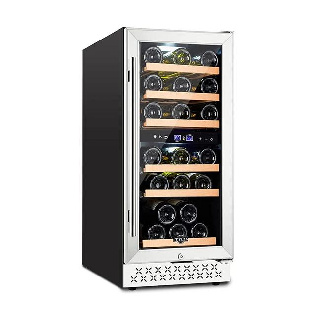 【Upgrade】TYLZA 15 Inch Dual Zone Wine Cooler, Wine Refrigerator Built-in 30 Bottle, Wine Fridge Under Counter Freestanding Fast Cooling Wine Chiller, Quiet Operation, with Temperature Memory Control and Glass Door