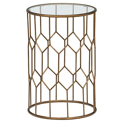 Rivet Geometric Modern Glass and Metal Side End Table Stand, 15.6" W, Gold Finish