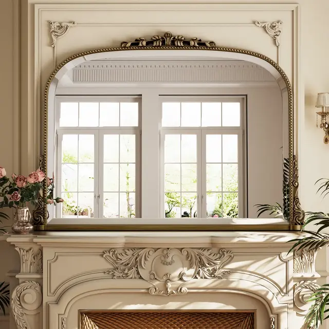 BEAUTYPEAK Arched Vintage Baroque Bathroom Vanity Mirrors 32"x44",Brown