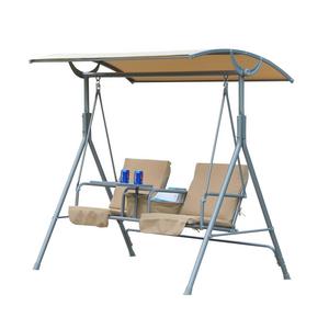 Outsunny 2 Person Covered Patio Swing w/ Pivot Table & Storage Console - Beige