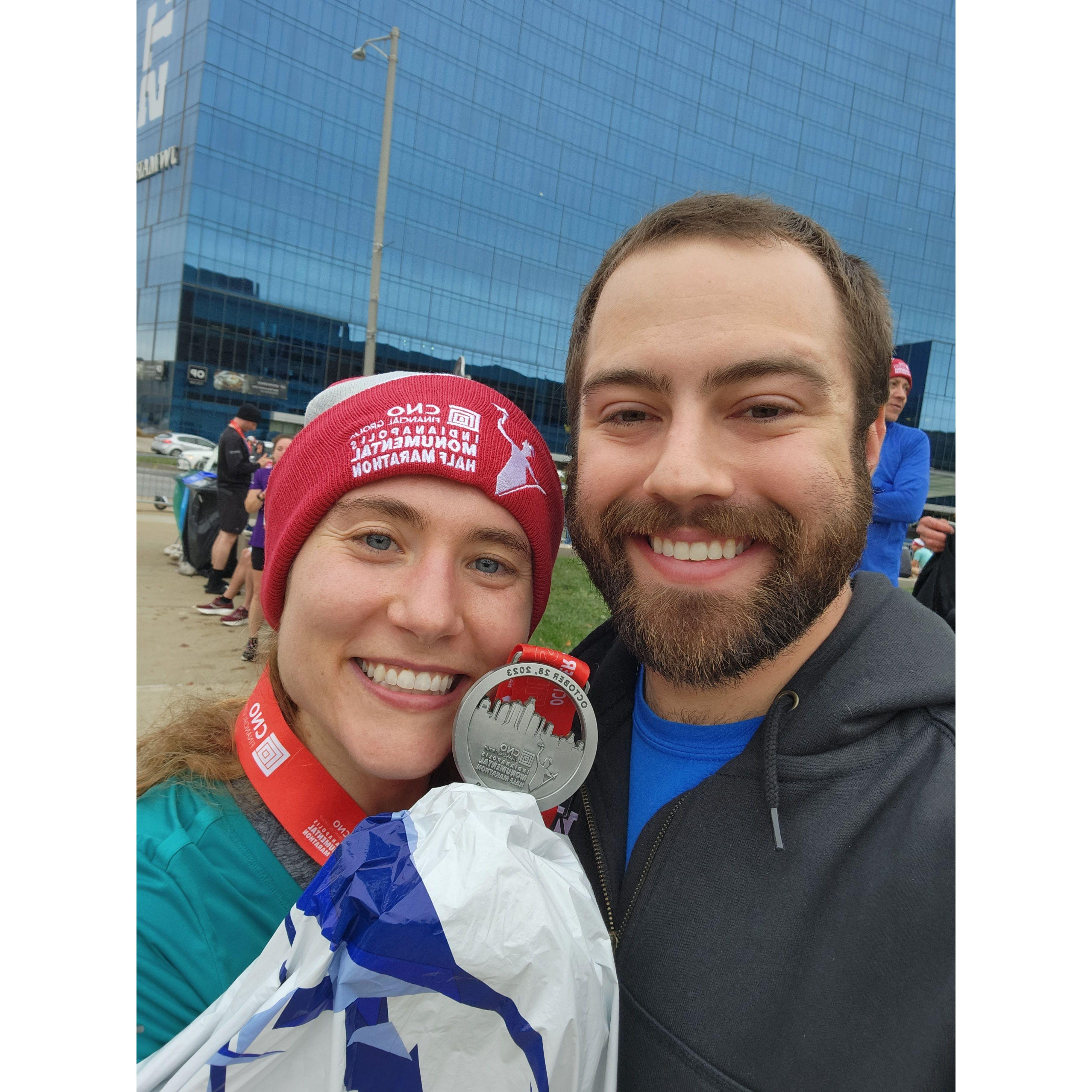 Annie and Michael celebrating after Annie completed a half marathon in Indianapolis!
