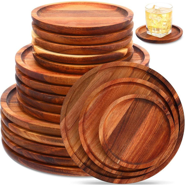 Roshtia Set of 15 Acacia Wood Dinner Plates Round Wooden Charger Plates Lightweight Serving Food Trays for Dish Snack Salad Dessert, 6" 8" 10", 5 of Each Size, Housewarming Christmas Gifts