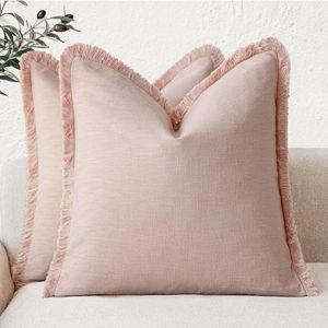 Foindtower Set of 2 Decorative Linen Fringe Throw Pillow Covers Boho Farmhouse Cushion Cover with Tassels Soft Accent Pillowcase for Couch Chair Sofa Bed Living Room Home Decor,22×22 Inch,Light Pink