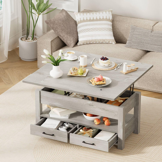 Greenstell Vintage Lift-type Wooden Square Coffee Table with Storage Function and Hidden Space, Grey