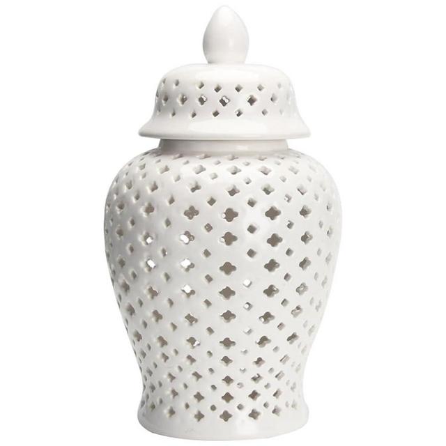 VOSAREA Ginger Jar Traditional Pierced Ginger Jar with Lid Ceramic Flower Vase Carved Lattice Decorative Temple Jar White Ginger Jars for Home Decor