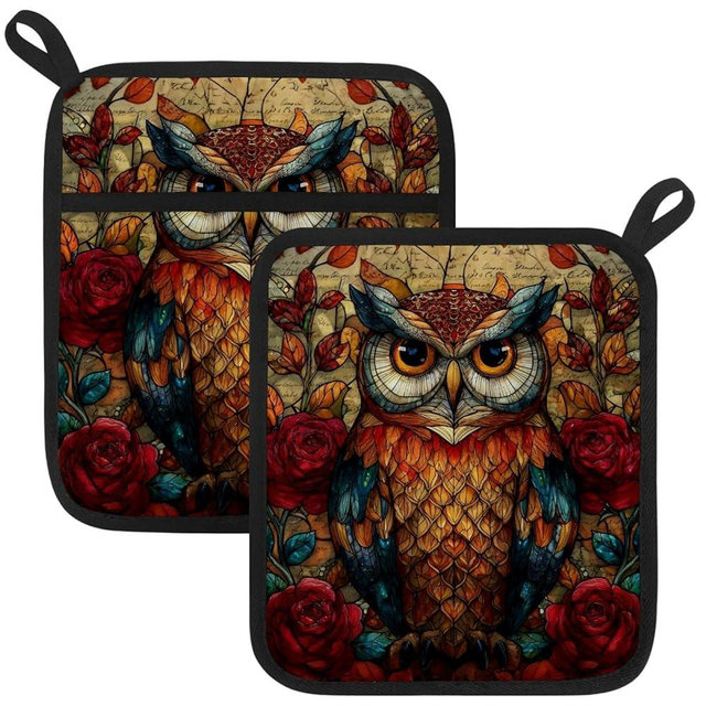 Vintage Owl and Florals Pot Holders with Pockets 2 PCS, Heat Resistant Oven Mitts Hot Pads for Kitchen Baking Cooking, Square Thick Pot Holders Kitchen Hot Potholders, 8.5x10 Inches