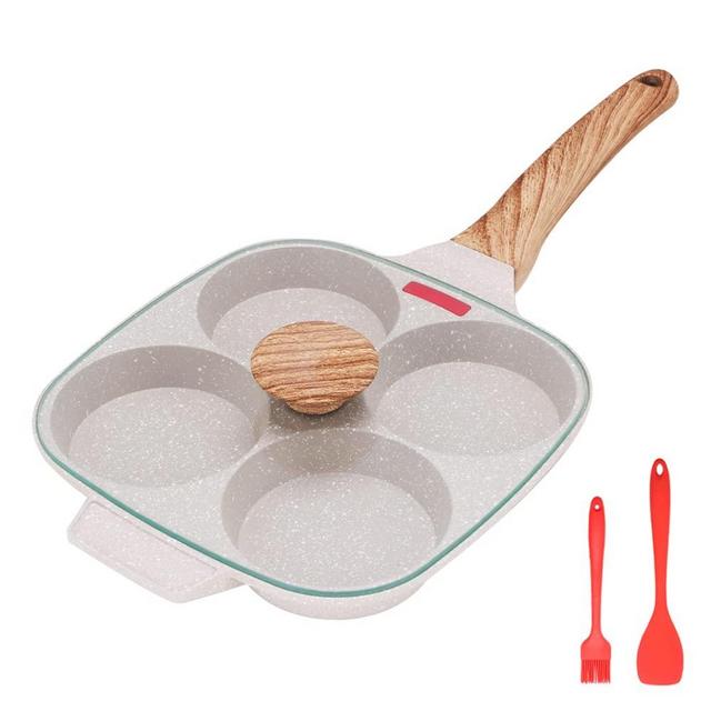 Fried Egg Pan, Egg Frying Pan with Lid Nonstick 4 Cups Pancake Pan Aluminium Alloy Cooker for Breakfast, Gas Stove & Induction Compatible (White)