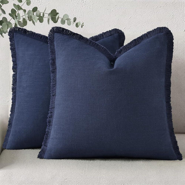 decorUhome Summer Decorative Neutral Linen Fringe Euro Sham Throw Pillow Covers Set of 2 Navy Blue Pillow Covers with Tassels Soft Farmhouse Boho Accent Pillow Cases for Couch Bed Sofa 22x22 Inch