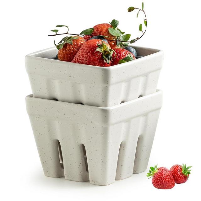 Gomakren Ceramic Berry Basket Set of 2, Square Fruit Bowls with Holes, Rustic Fruit Basket Containers for Kitchen, Berries, Strawberry, Grape, Cherry - Cream White