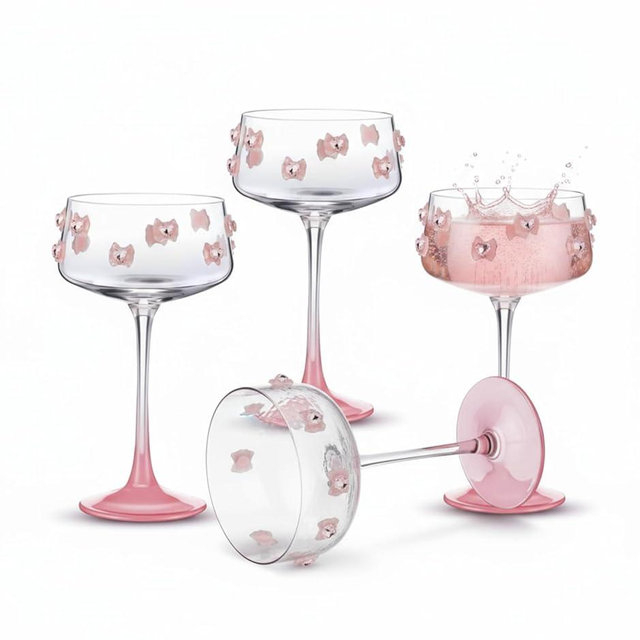 Funnymoom 4 Pcs Coquette Bow Coupe Glasses Set, 8.5 oz Pink Bow Crystal Martini Glasses for Wine Champagne Cocktails, Girly Glassware Gift for Christmas Bachelorette Bridal Shower Wedding Birthday