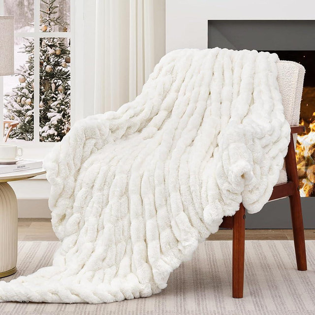 Touchat Ruched Faux Rabbit Fur Throw Blanket, 700 GSM Luxury Dual-Sided Soft Cozy Blanket, Fuzzy Fluffy Plush Blanket for Bed, Couch and Sofa - 50"x60", Cream White