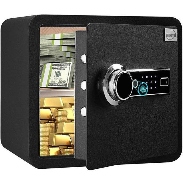 Tenamic Biometric Fingerprint Safe Box 1.41 Cuft Security Box with Induction Light and Leather, Solid Alloy Steel Home Cabinet Safe, Black