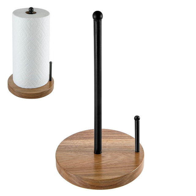 MyGift Acacia Wood & Matte Black Metal Paper Towel Holder - Stylish Kitchen Paper Roll Dispenser - Countertop Towel Rack for Home and Office