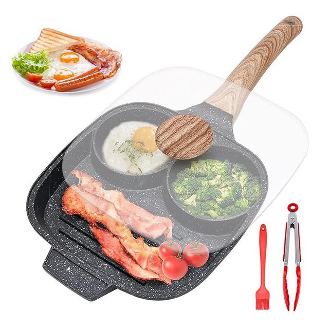 Egg Frying Pan, Nonstick Pancake Pan With Lid 3 Section Fried Egg Pan Aluminium Alloy Cooker For Breakfast, Suitable For Gas Stove & Induction Cooker